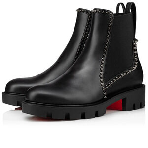 Christian Louboutin Out Lina Spike Lug Flat Black Calf Chelsea Ankle Boot 40.5